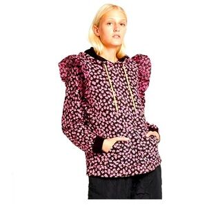 Sandy Liang Target - Pink Ditsy Floral Ruffle Hoodie Sweatshirt Size Small